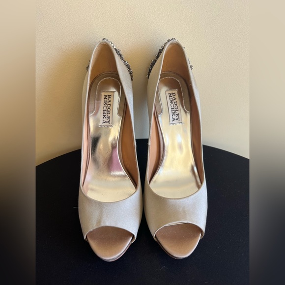 Badgley Mischka Latte Satin Embellished Peep Toe Heels - Picture 3 of 6